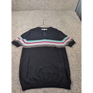 Parke & Ronen Mens Knit Sweater Polo Shirt Black Striped Short Sleeve Size L